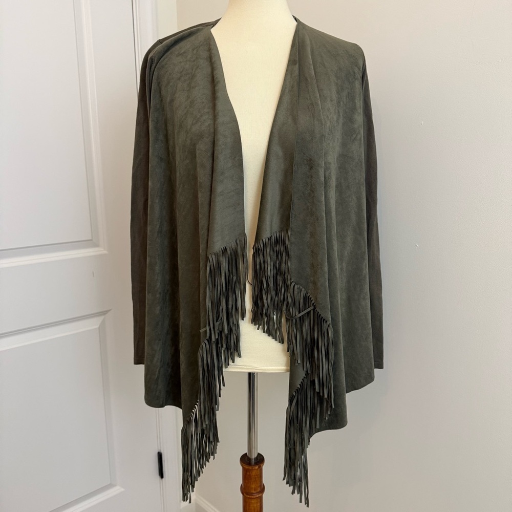 INC Olive‎ Green Fringe Front Knit Long Sleeve Cardigan Sweater Size S Western